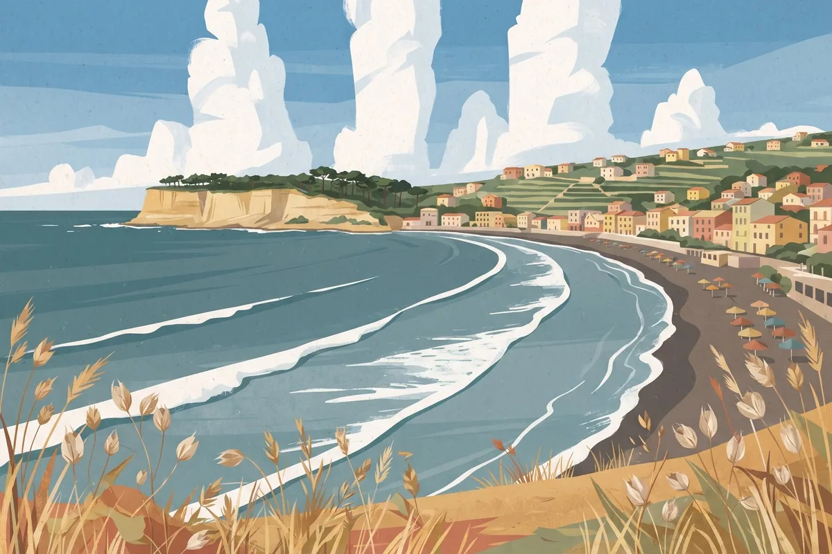Illustrazione della baia della Chiaiolella vista dall'alto: la spiaggia con gli ombrelloni, il paese sul pendio e il promontorio di tufo