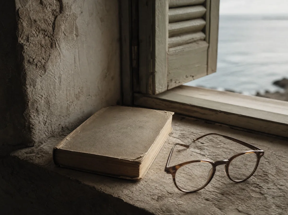 Un vecchio libro tascabile appoggiato a faccia in giù su un davanzale di pietra, accanto a un paio di occhiali