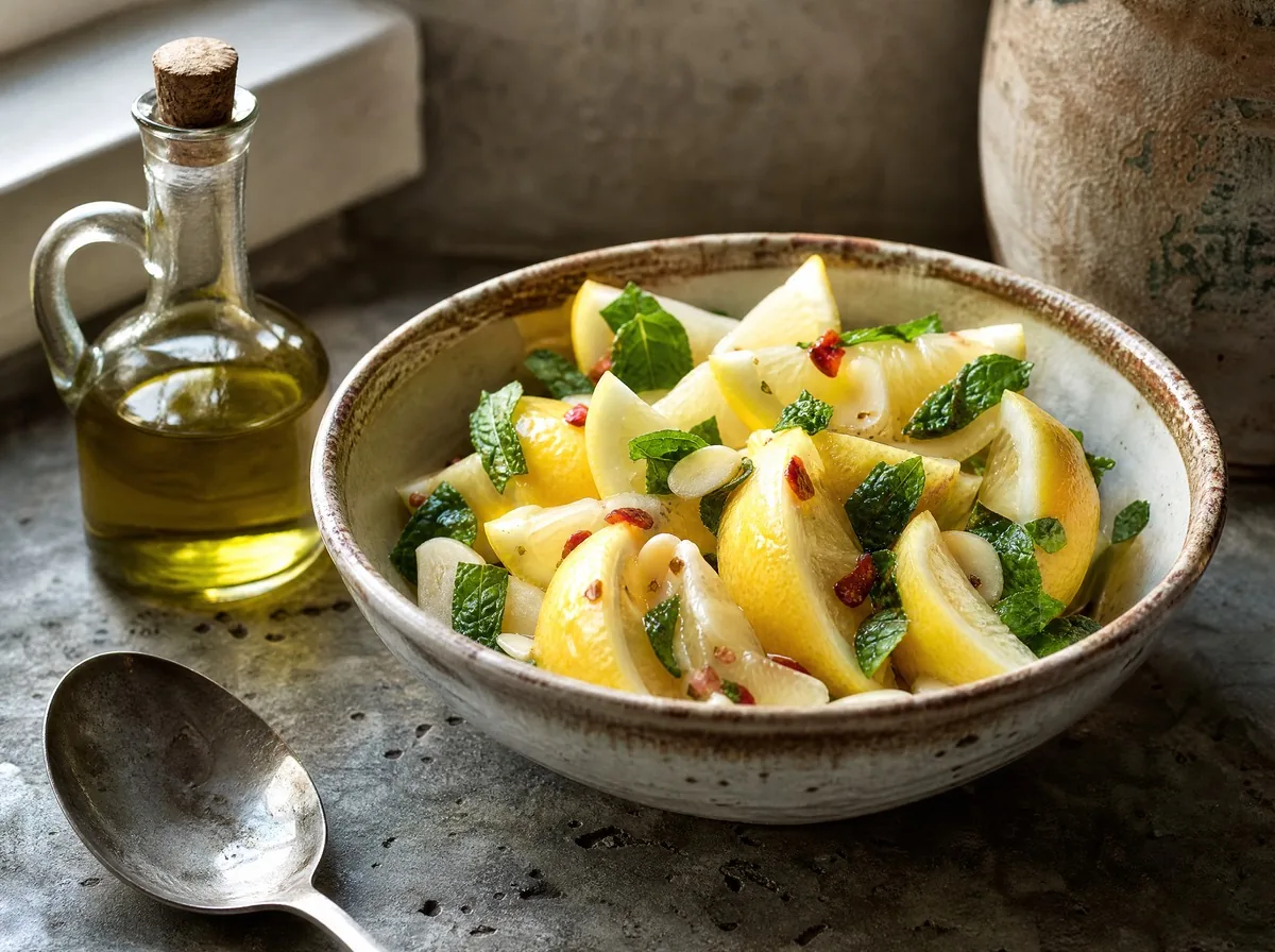 Insalata di limoni in una ciotola di ceramica: spicchi con l'albedo bianco, olio, menta e peperoncino
