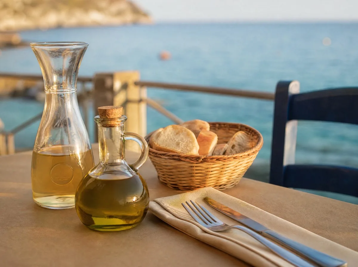 Tavola apparecchiata in una trattoria sul mare: caraffa di bianco, oliera, cestino del pane e tovagliolo piegato