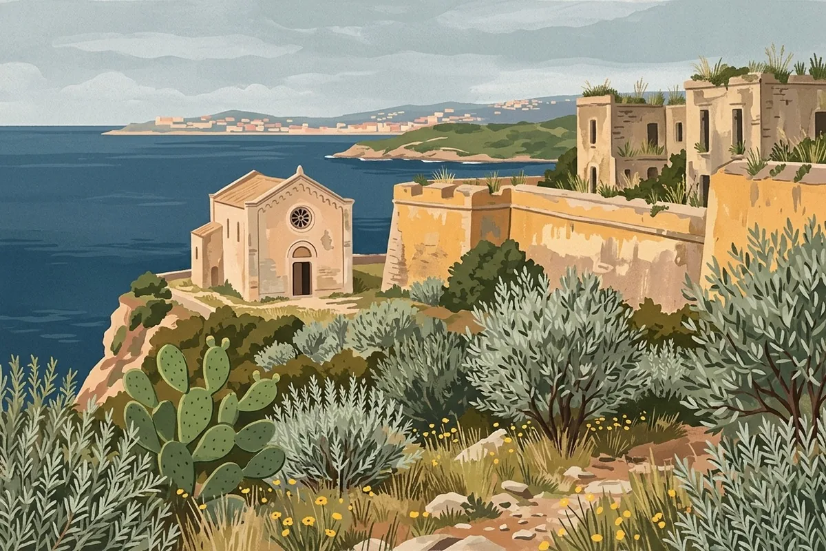 Illustrazione del crinale di Terra Murata: la chiesa sul ciglio della rupe, le mura del borgo fortificato e il mare verso la terraferma